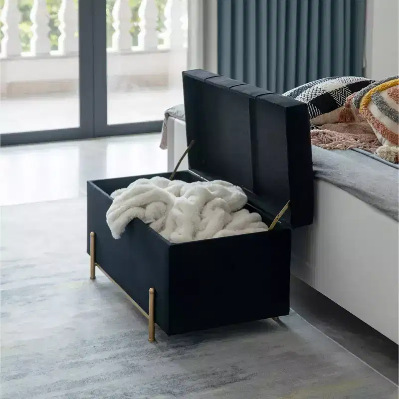Large Rectangle Velvet Storage Ottoman with Golden Legs | Sitting Bench for Living Room Home Decor with Cylindrical Golden Support