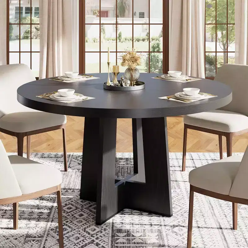 Modern 47 Inch Round Dining Table for 4 to 6, Kitchen Dinner Table with Sturdy Pedestal Base, Space Saving Circle Dining Room Table for Small Spaces