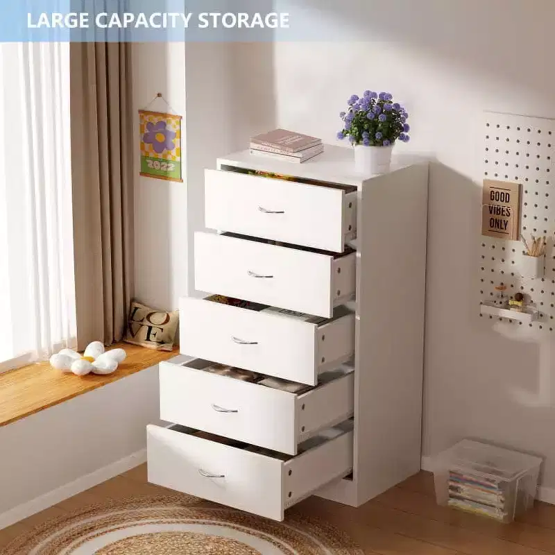 5-Drawer White Wood Dresser Tall Storage with Metal Handles