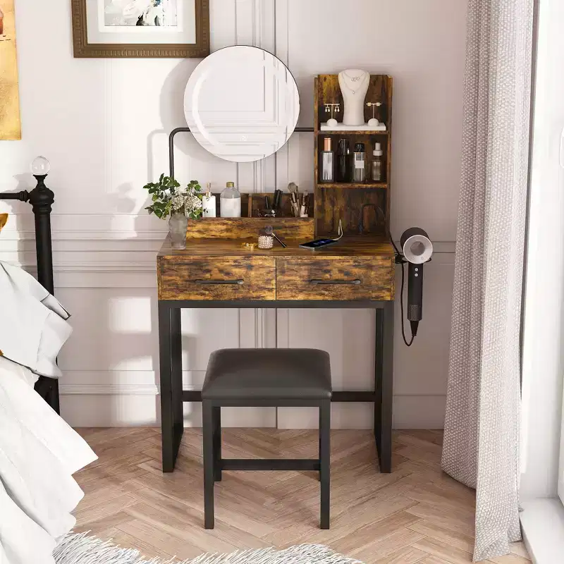 Okak Modern Vanity Table with Round Mirror & LED Lights,Storage Dressing Desk with Chair & Power Outlet,Makeup Table Set for Bedrooms
