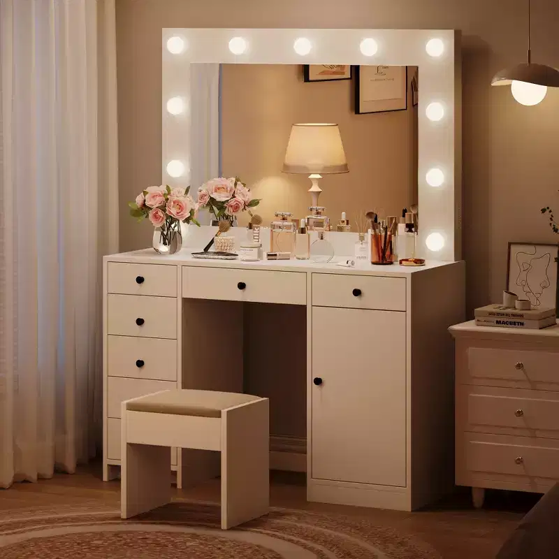 47 Makeup Vanity with Mirror, 7 Storage Drawers & 1 Door, Modern Wooden Dressing Table, for Home, Living Room