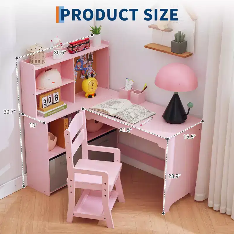 Kids Study Desk with Chair  Corner Table Set, Large Storage, Bulletin Board & Pen Holders, Ergonomic Writing Art Table for Ages 3-12