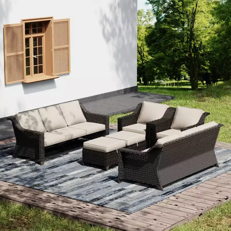 UPTIOT Outdoor Patio Set with Two Sofas, Chairs, Ottomans, and Fire Pit Table for Spacious Gatherings