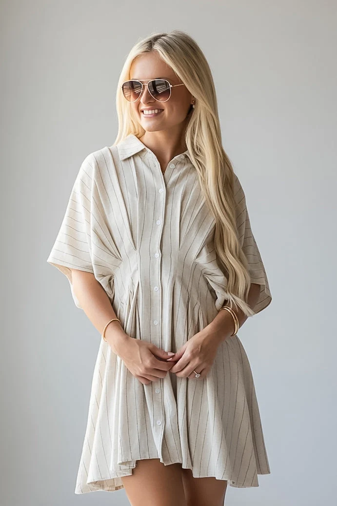 Natural Stripe Collared Button Front Mini Dress