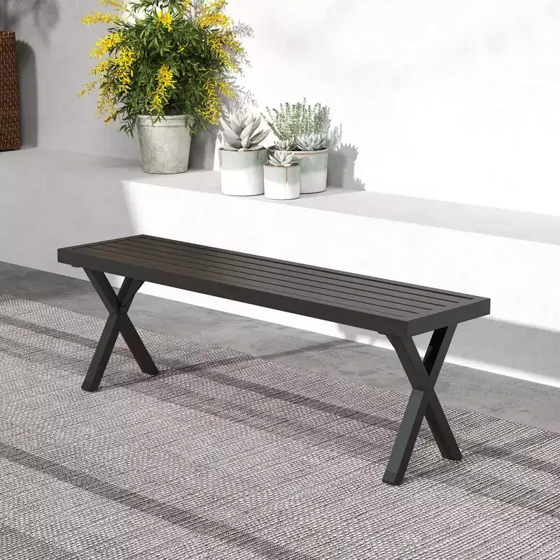 Costway 1/2 PCS 54 Patio Metal Bench with Slatted Seat & X Legs Backless Loveseat for Yard