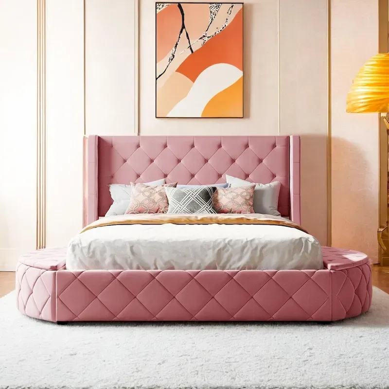 Pink / Gray / Beige / Blue Velvet Queen Platform Bed with Wingback Headboard, 1 Drawer and 2 Side Stools for 2 Person