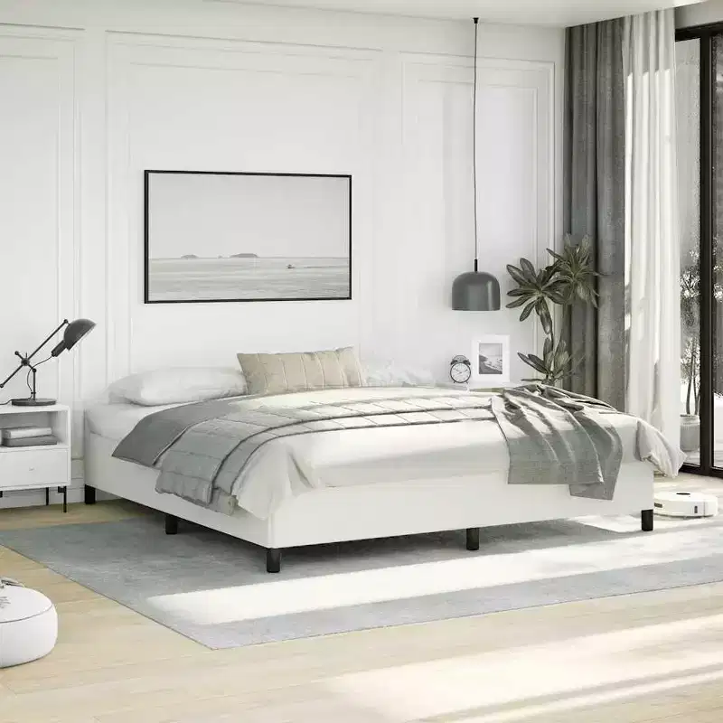 Bed Frame White Faux leather, plywood, engineered wood King