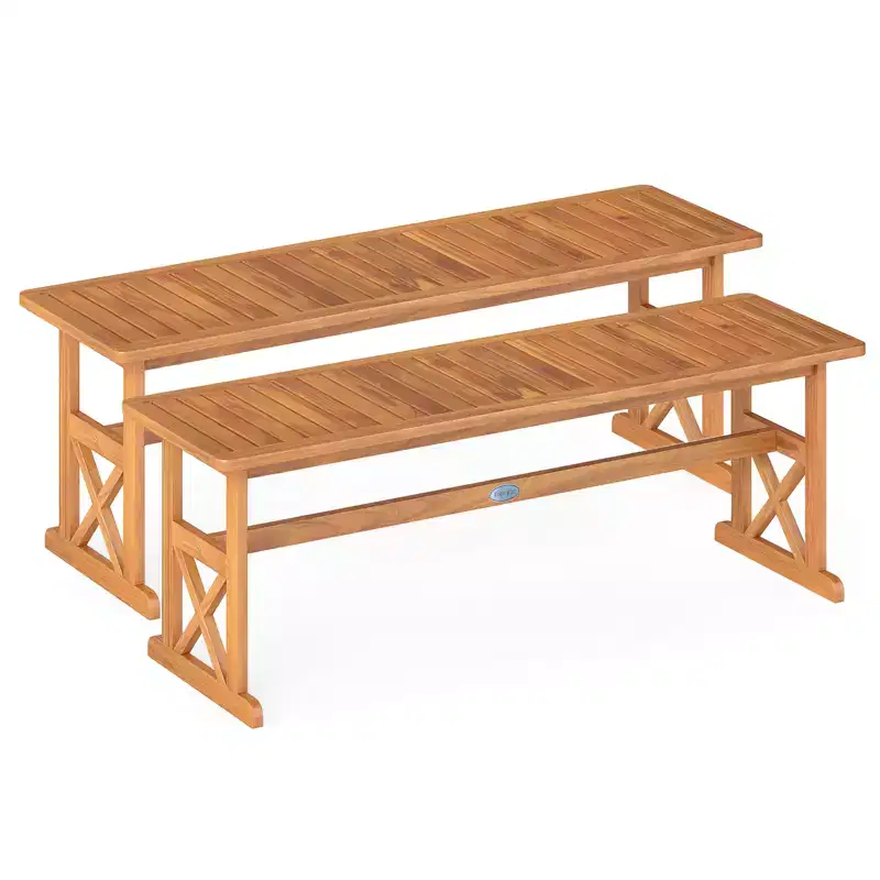 Costway 2 PCS 51 Inches Acacia Wood Outdoor Bench w/ Slatted Seat & X-Shaped Frame