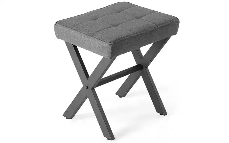 Modern Linen Ottoman Footstool with Metal X-Frame Legs, Small Vanity Stool with Soft Cushion Seat for Entryway, Bedroom & Living Room