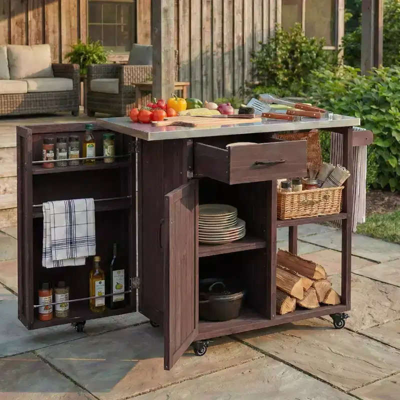 Outdoor Kitchen Island Fir Wood Prep Station with Stainless Steel Top