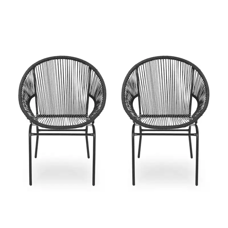 Okak Rustic Industrial Patio Accent Chairs Egg Club Chairs,Set of 2,Outdoor Wicker PE Rattan&Iron Dining Chairs,Patio Furniture Seating
