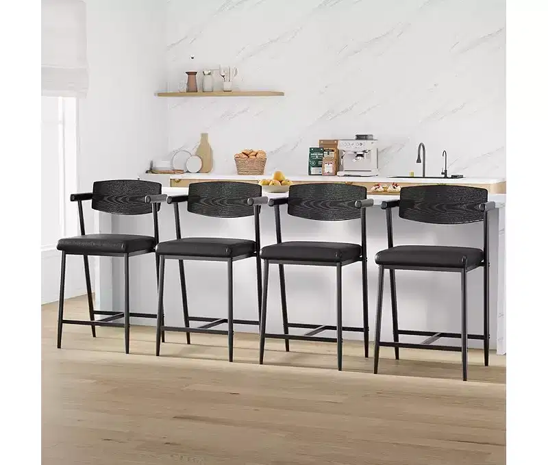 Bar Stools Set of 2 with Arms, 26 Counter Height Bar Stools with Footrest and Wood Back, Metal Bar Stool Set with Wide Padded Seat