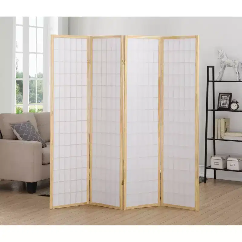 MAYEERTY 4 Panel Room Divider Privacy for Home Office Natural Wood Paper