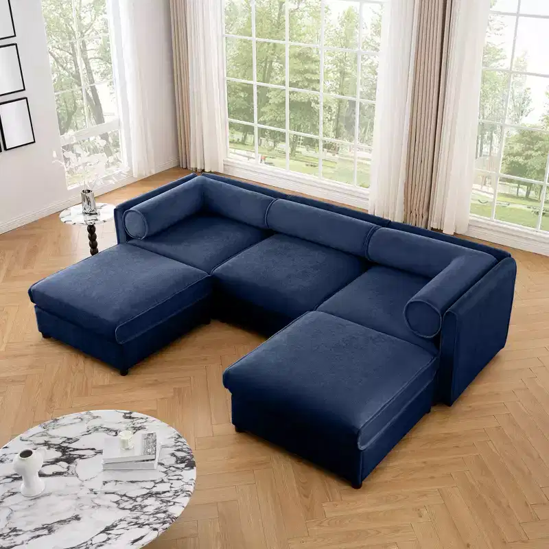 Elegant White Chenille Sofa with Storage Seat and Ottoman, U-Shaped 3-Seater Cylindrical Backrest and Armrests