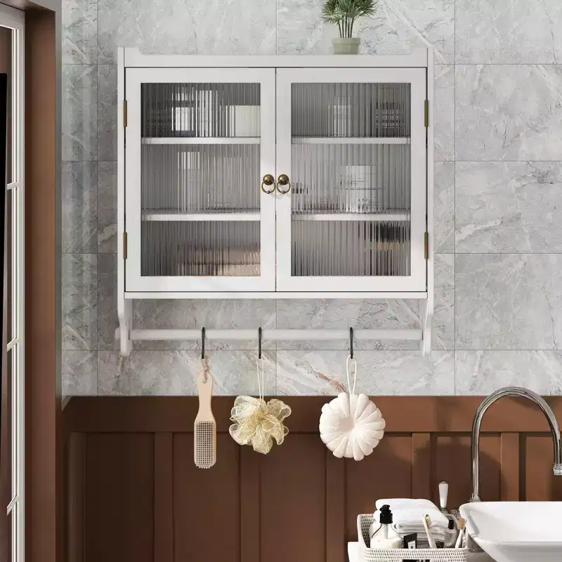 24.8 Double Glass Door Vintage Kitchen and Dining Cabinet with Three Tiers Towel Rack for Kitchen Dining Room, White