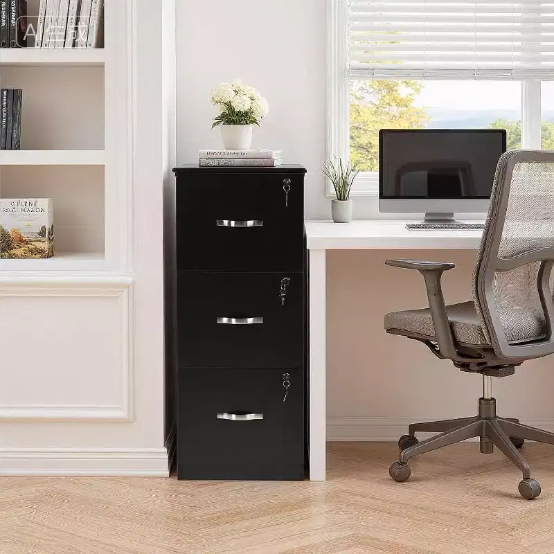 3 Drawer File Cabinet with Lock, Vertical Office Filing Cabinet for Letter/Legal Size, Storage Organizer, Black