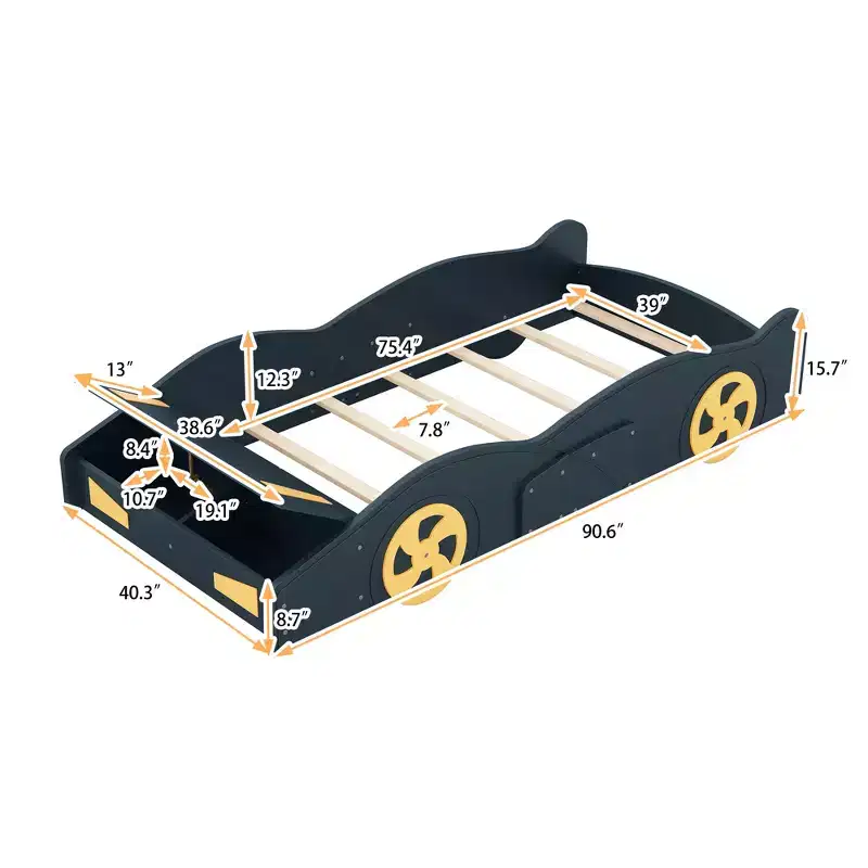 Full Size Race Car-Shaped Platform Bed, Wood Platform Bed Frame with Wheels and Storage, for Girls Boys Teenagers, Dark Blue