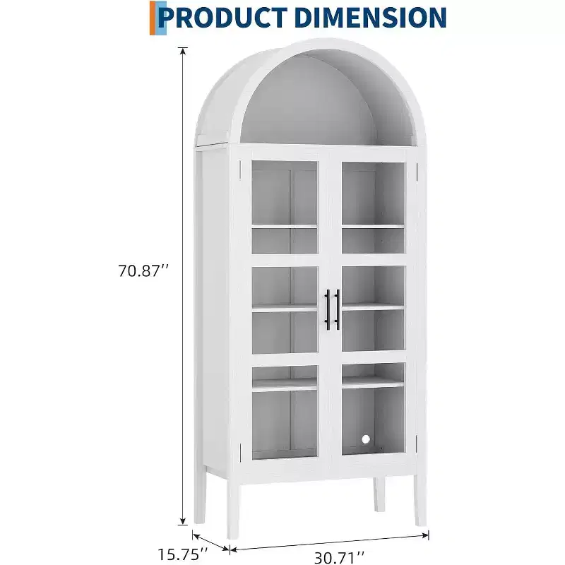 70 Tall Arched Kitchen Pantry Cabinet with LED Lights and Adjustable Shelves,Arched Bookshelf for Kitchen, Dining Room, Living Room