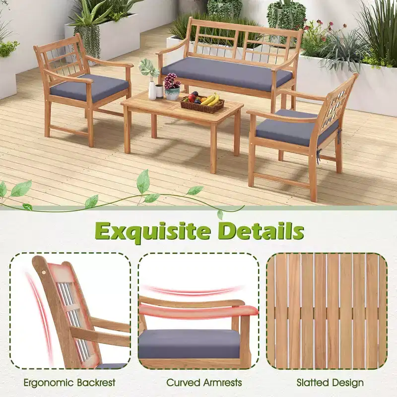 Costway 4 PCS Wood Patio Furniture Set with Soft Seat Cushions Solid Acacia Wood Frame Off White/Gray
