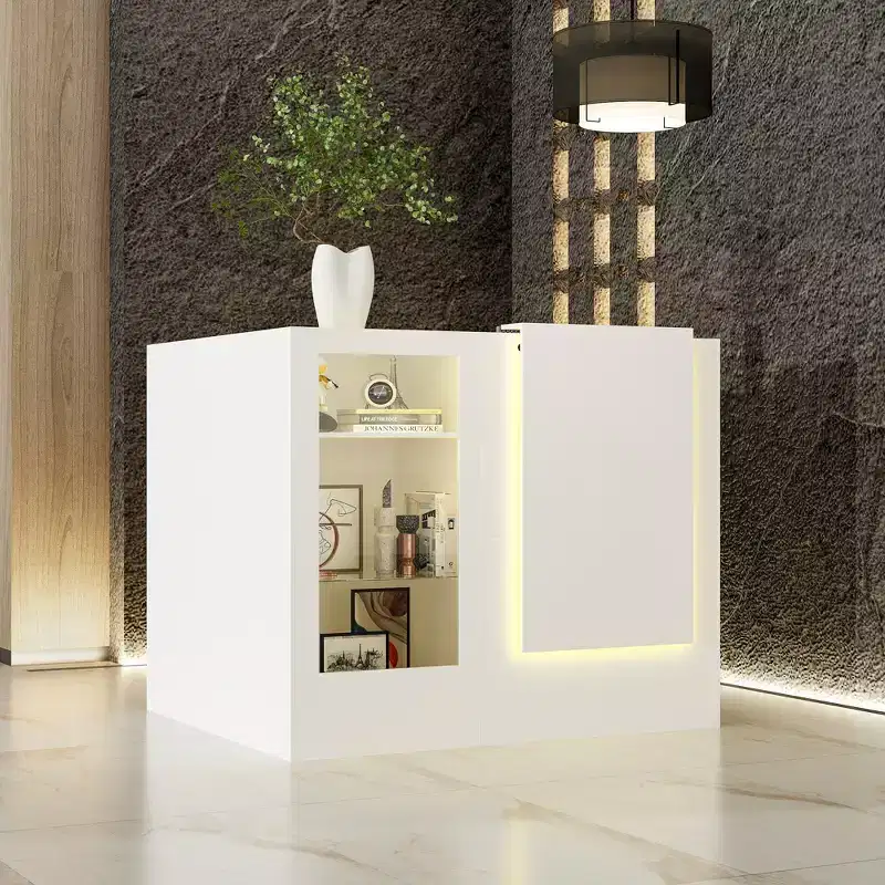 Famapy White Corner Reception Desk Display Counter Table with Tempered Glass