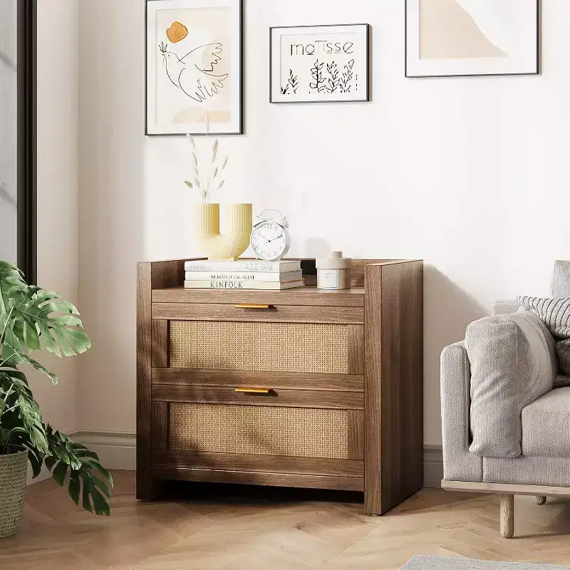 Natural Rattan Nightstand with 2 Drawers, Boho Style, Set of 2