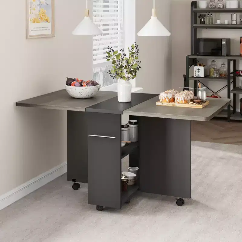 Foldable Drop-Leaf Dining Table with Storage Shelves and Wheels