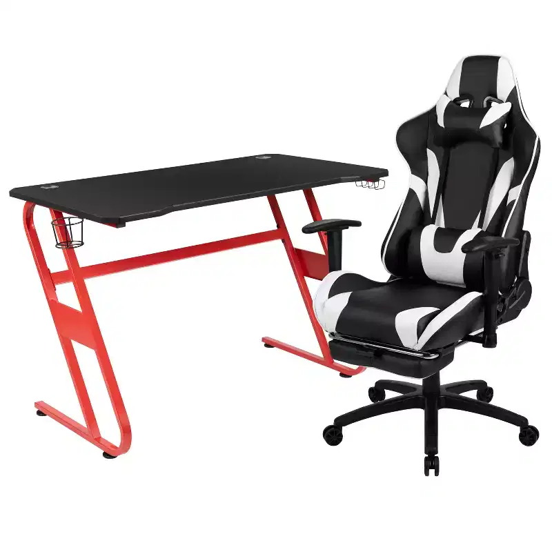 Emma and Oliver Desk Bundle - Gaming Desk, Cup Holder, Headphone Hook and Reclining Chair
