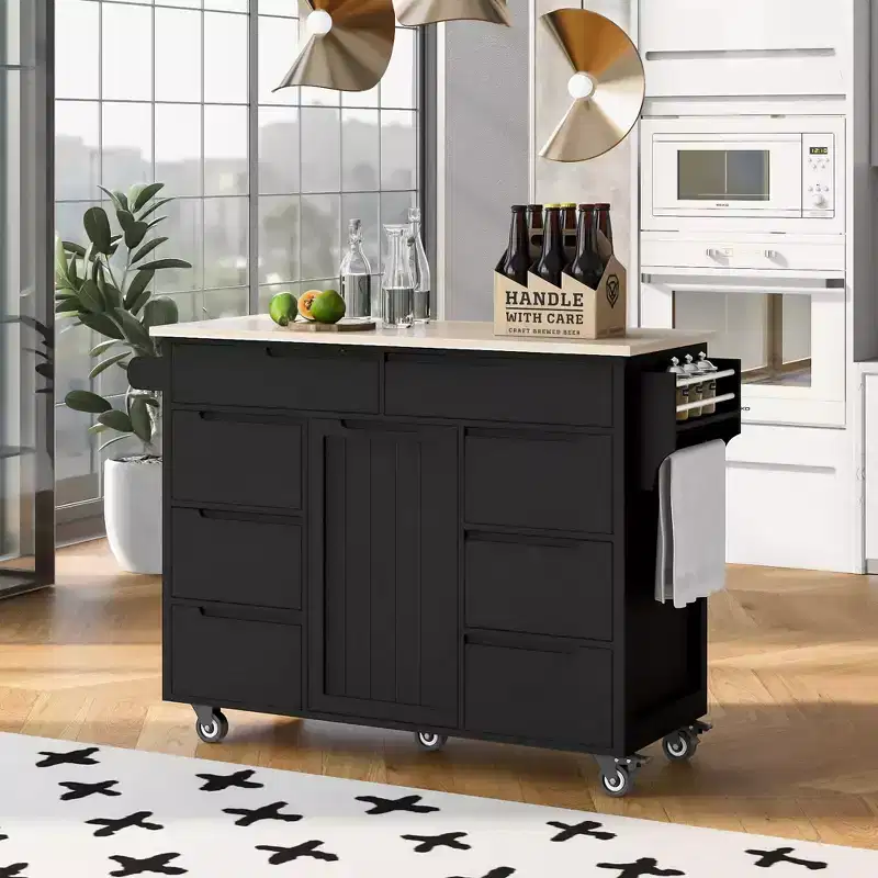 Whisen Modern Kitchen Island with 8 Handle-Free Drawers and 5 Wheels