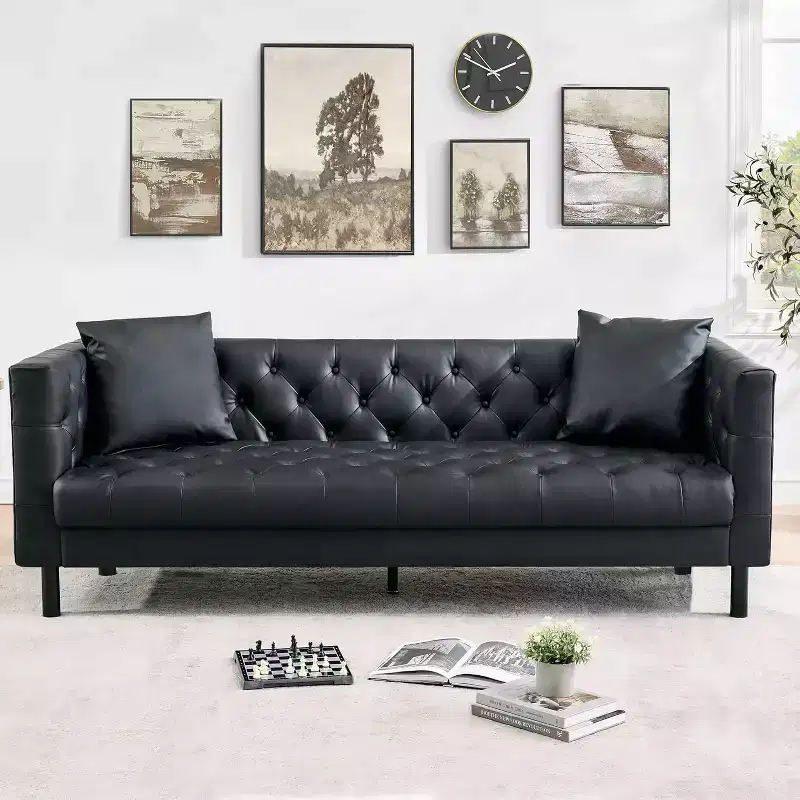 Black Chesterfield PU Leather Sofa, 3-Seater