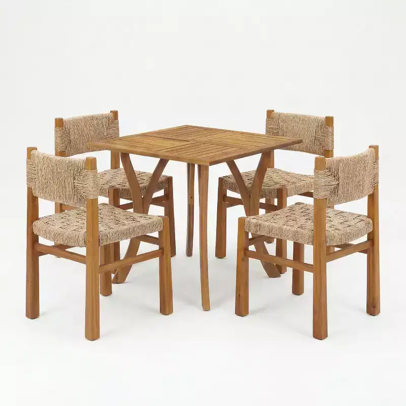 Christopher Knight Home Fra Farmhouse 5 Piece Acacia Wood Dining Set with Wicker and Slatted Design