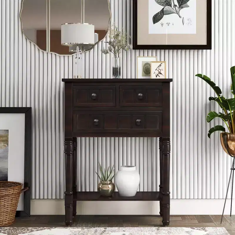 Farmhouse Small Console Table with Storage, Retro Wood Entryway Table with Drawers and Bottom Shelf, Wood Slim Side Table for Entryway