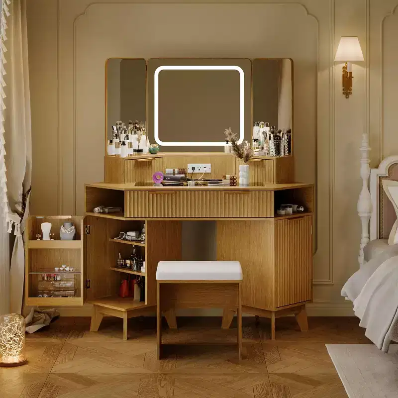 Acekool Corner Fluted Makeup Vanity Desk with Glass Top, Mirror & Stool for Bedroom
