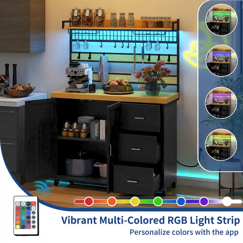 Moasis Large Rolling Kitchen Island Bakers Rack with Power Outlet, LED Light & Tall Shelf