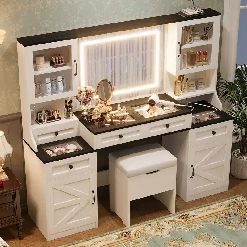 Whisen Farmhouse Makeup Vanity Table with LED Touch Mirror, Cushioned Storage Stool, Glass Top, Charging Station and Ample Storage Space - White