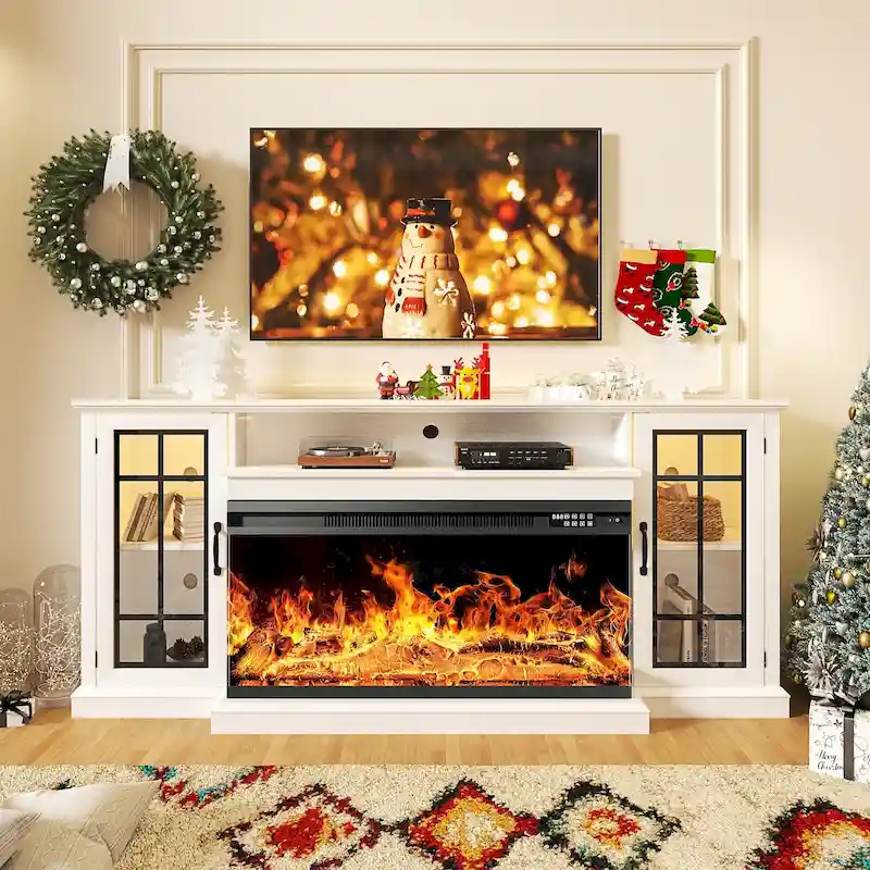 36 Inch 3-Sided Glass Fireplace TV Stand for TVs up to 80