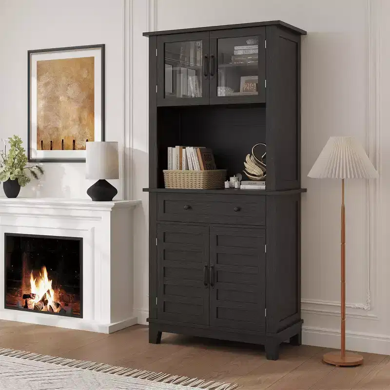 72 Kitchen Pantry & Bar Cabinet with Microwave Stand - Tall Hutch with Glass Doors & Drawers for Living Room,Dining Room
