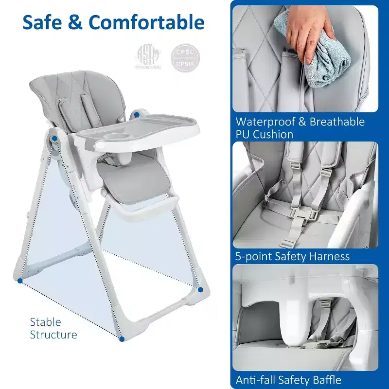 Foldable Baby High Chair for Toddlers - Adjustable Height & Recline, Removable Easy-Clean Tray