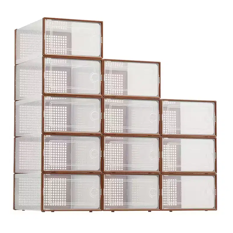 Brown/Gray/White Clear Stackable Shoe Storage Boxes, Drop-Front, X-Large, Set of 12