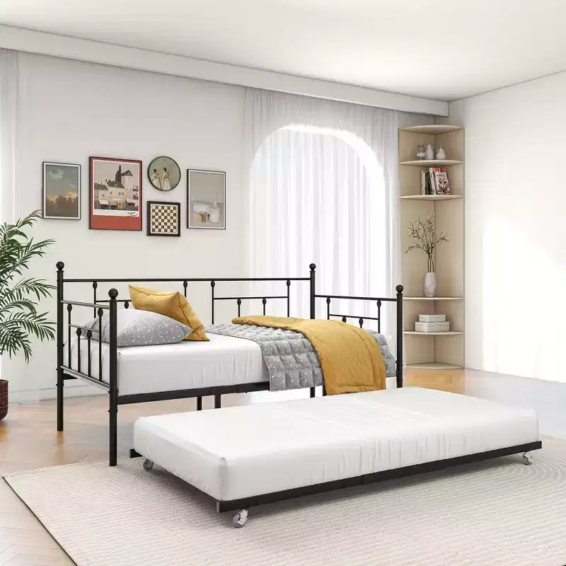 Twin Size Metal Daybed with Trundle, 2-in-1 Sofa Bed, Space-Saving for Guest Room & Living Room, Black