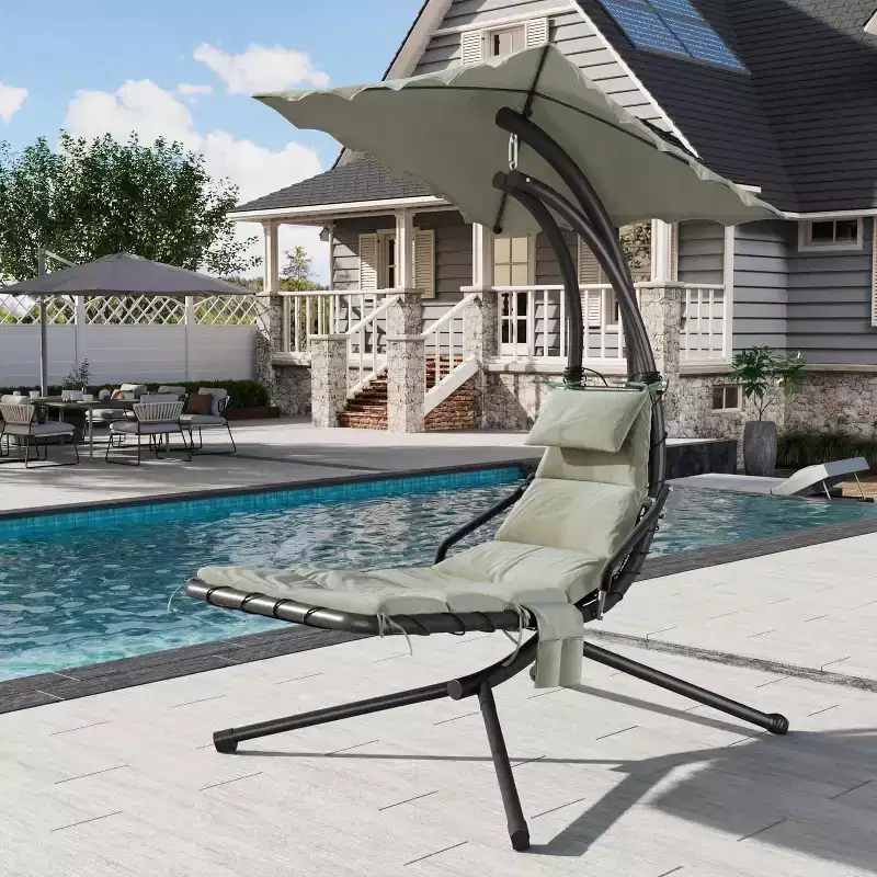 Chaise Lounger Swing Chair with Umbrella Canopy,Patio Hanging Chair with Stand,Curved Steel Lounge Chairs for Indoor Patio Pool Garden Backyard Porch