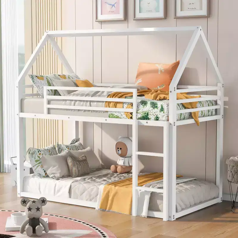 Metal Twin over Twin House-Shaped Bunk Bed with Built-in Ladder