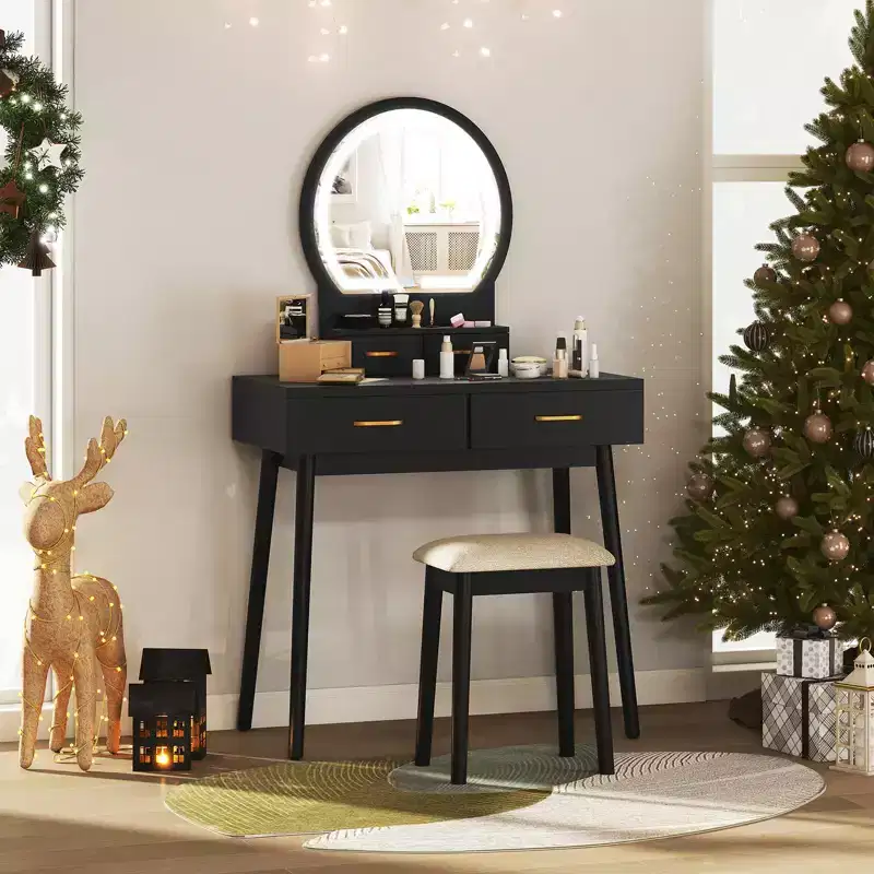 Costway Small Vanity Desk w/Mirror & Lights Cushioned Stool 3 Adjustable Lighting Colors