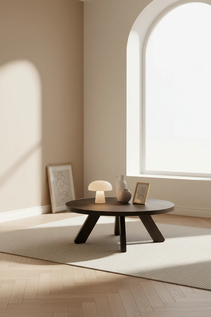 Traditional Solid Oak Coffee Table with Round Top & Sculptural Cutout Leg Base for Living Room