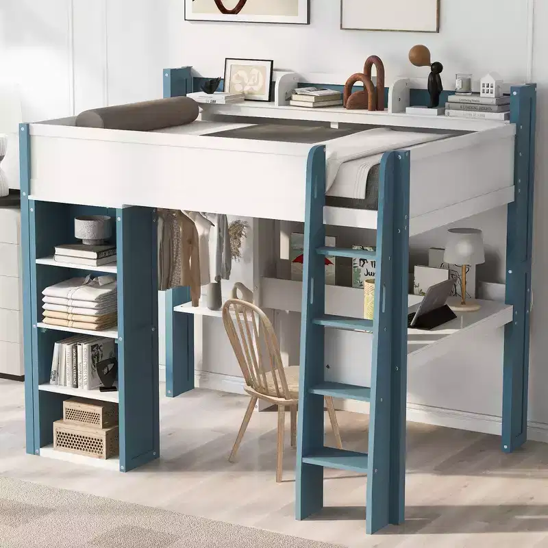 Whisen Wood Full Size Loft Bed with Storage Shelves, Clothes Rails and Desk