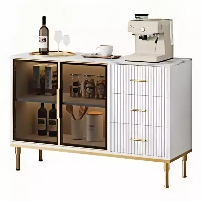 Buffet Sideboard Cabinet with Storage, 46.4 Large Fluted Kitchen Sideboard Cabinet with 2 Glass Doors 3 Drawers and Shelves, Buffet Table