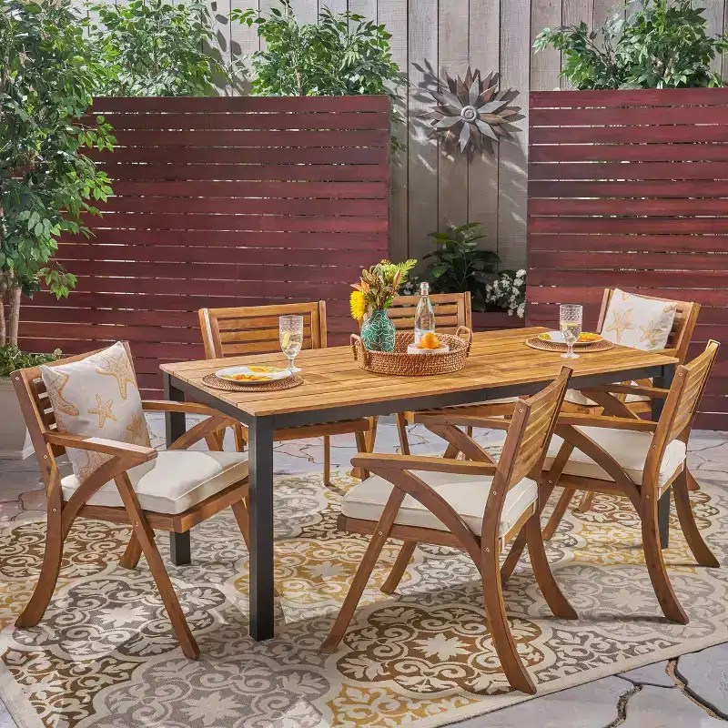 GDFStudio Lennox Outdoor Acacia Wood 7 Piece Dining Set with Cushion, Teak/Cream