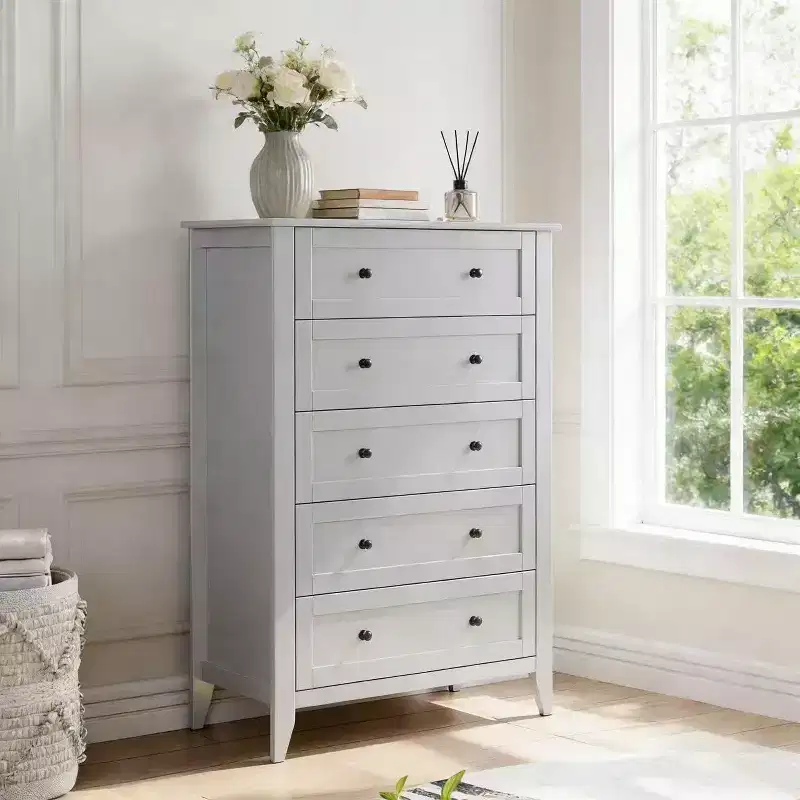 5 Drawers Dresser 2pcs Wood Chest of Drawers, Storage Dressers Organizer with Gold Handles, Deep Drawers, Living Room, Closet, Hallway, Grey