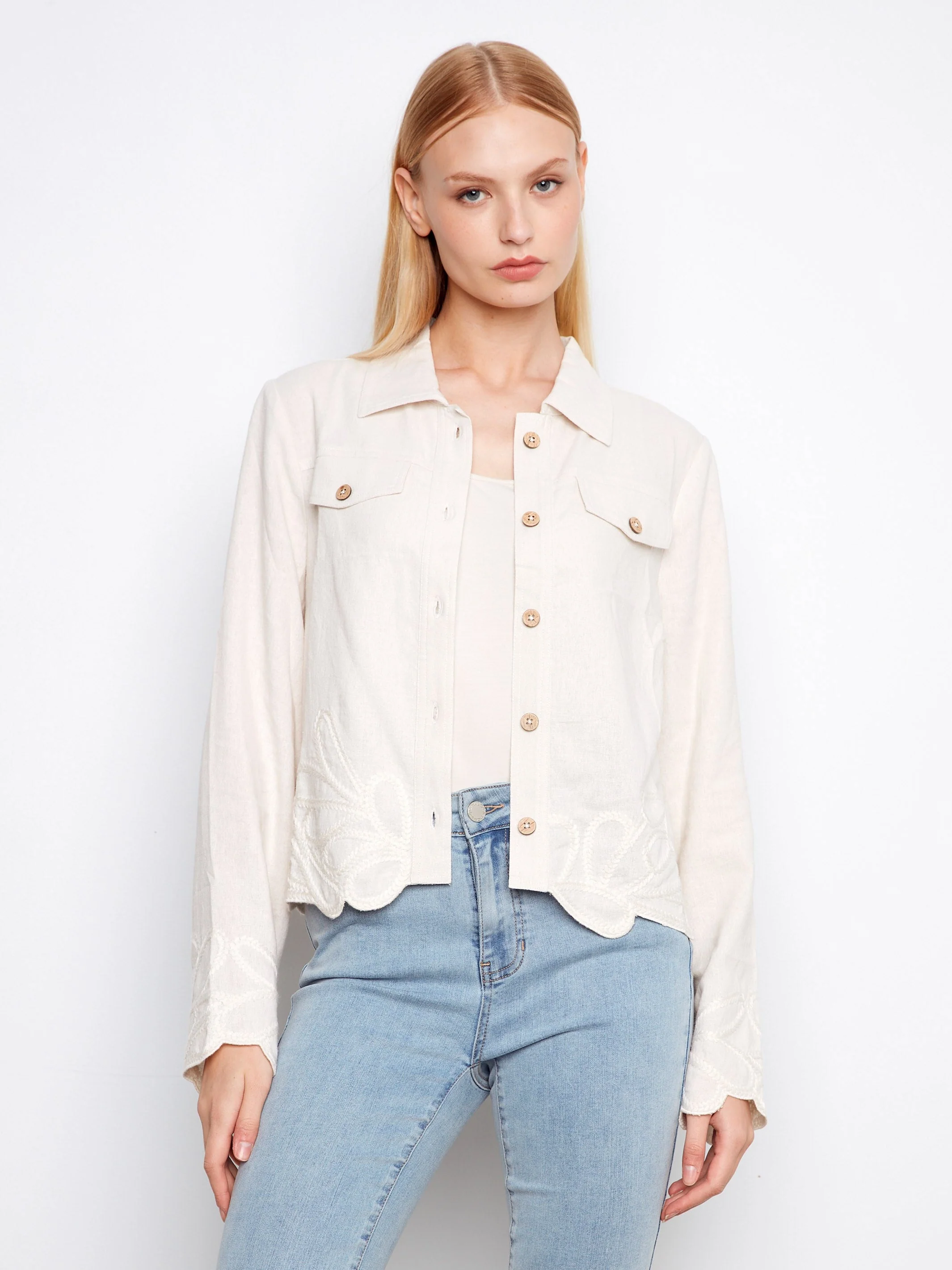 Embroidered Hem Linen Blend Jacket - Natural