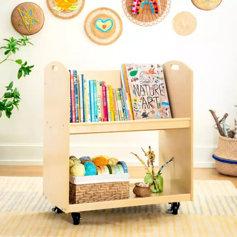 Guidecraft EdQ Rolling Book Storage Cart for Classroom: Single Sided 2-Shelf Wooden Book Display Rack on Wheels