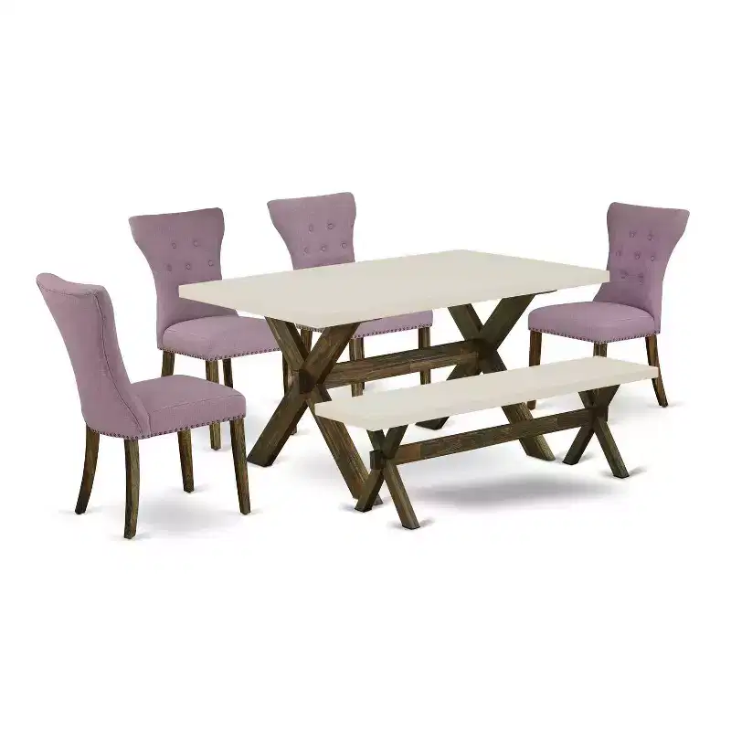 HomeStock 6-Piece Rectangle Distressed Jacobean Finish Solid Wood Top Dining Table with 1-Bench, 4-Chairs